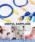 Corded Silicone Earplugs Bulk 200 Pairs Reusable Noise Cancelling Sleep Hearing Protection For Work Construction Shooting Sports Yellow And Orange Great For All Day Comfort And Shared Use, shown with images illustrating use in snoring and loud environments.