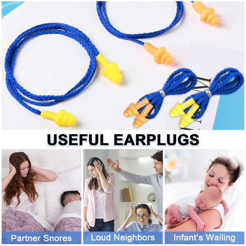 Corded Silicone Earplugs Bulk 200 Pairs Reusable Noise Cancelling Sleep Hearing Protection For Work Construction Shooting Sports Yellow And Orange Great For All Day Comfort And Shared Use, shown with images illustrating use in snoring and loud environments.