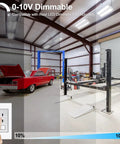 Demonstration of dimmable LED High Bay Shop Light Two Pack 150W 21000 Lumens 5000K Daylight in automotive workshop