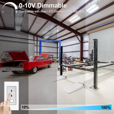 Demonstration of dimmable LED High Bay Shop Light Two Pack 150W 21000 Lumens 5000K Daylight in automotive workshop