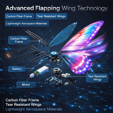 Flapping Wing RC Butterfly Drone With Sensor Assisted 4 Axis Gyro Stabilizer LED Lights Easy For Adults To Fly technology breakdown