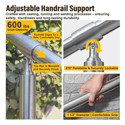 Top Notch 304 Stainless Steel Two Step Stair Handrail Kit With A Comfy 1.5 Inch Grip Rail For No Sweat DIY Setup showing adjustable handrail support features.