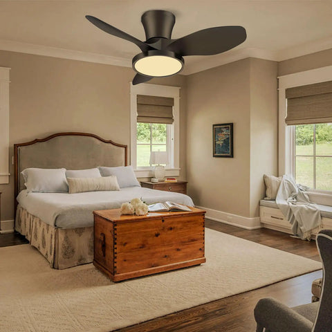Quiet 32 Inch Ceiling Fan with LED Light and DC Motor, remote control, in modern bedroom, reversible wind, low noise