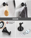 Black 4 Piece Bathroom Hardware Set hook detail, scratch resistant, rust resistant, easy clean, sleek modern design