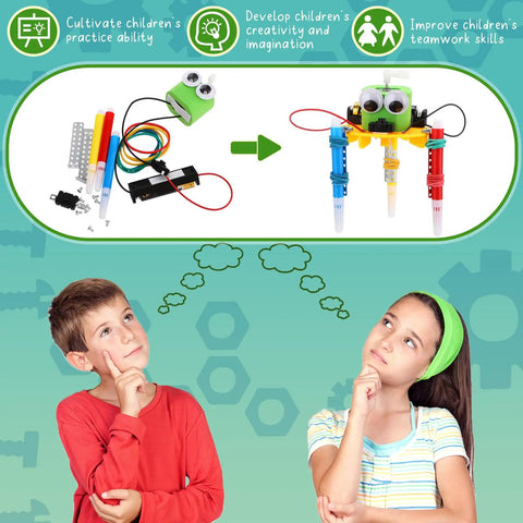 Children pondering over 16 Pack Doodling Robot Building Kits For Kids 8 To 12, STEM Craft Toys For Classroom Activities, DIY projects showcased.