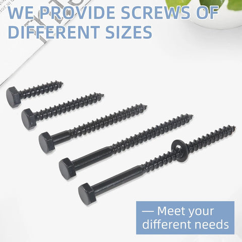 Beefy 100 Pack Wood Lag Screws Three Eighths Inch By Two Inches Hex Head Bolts with washers arranged in different sizes.