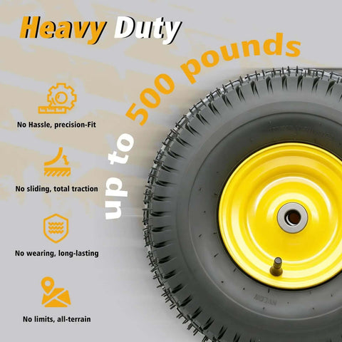 Nuphtun 15x6.00-6 Lawn Mower Tire And Wheel Assembly With Yellow Hubs, Perfect Pre-Mounted Upgrade Kit For Easy Push Mowers Featuring Iron Bushings And Secure Bearings, yellow hub tire