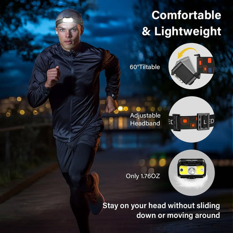 Rechargeable LED Headlamp 2 Pack With Waterproof Design displayed while running at night, showcasing adjustable headband features.