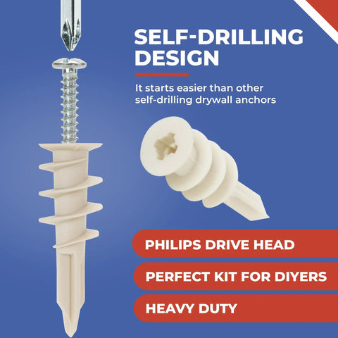 Premium Quality Self Drilling Drywall Anchor Kit With Screws, No Sweat Install For Hollow Walls, Bulletproof Grip Plastic Fasteners, 100 Piece Set For Weekend Builds