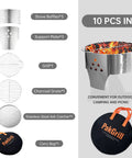 Portable 14 Inch Folding Campfire Grill With Carry Bag Stainless Steel Charcoal Grill For Camping Bonfires Picnics And Backyard Cooking Lightweight Durable Outdoor BBQ Gear with accessories layout.