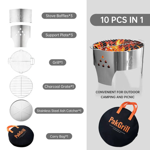Portable 14 Inch Folding Campfire Grill With Carry Bag Stainless Steel Charcoal Grill For Camping Bonfires Picnics And Backyard Cooking Lightweight Durable Outdoor BBQ Gear with accessories layout.
