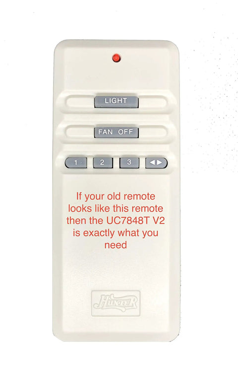UC7848T V2 Fan Remote Transmitter Replacement With Wall Holder For Ceiling Fans, shows buttons and text, no battery