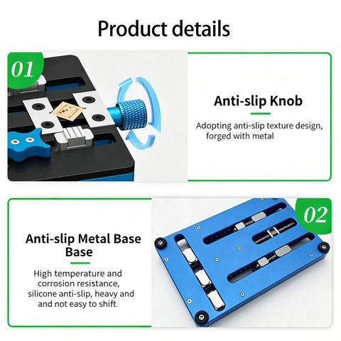 Grab And Go Adjustable Jaw Clamp Fixture for Motherboards and PCBs showing anti-slip knob and base design details.