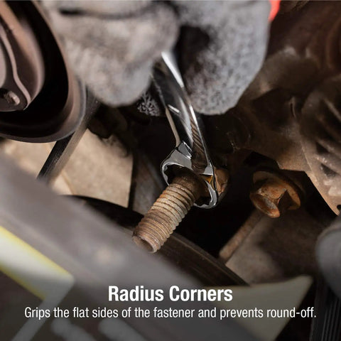 Metric V-Groove Combination Wrench Set 8mm To 32mm used on auto fastener in engine bay with radius corners feature