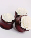 Natural Bamboo Wood Hollow Ear Plugs With White Rose Flower Ear Tunnels Set, dark wood plugs with white rose details