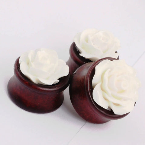 Natural Bamboo Wood Hollow Ear Plugs With White Rose Flower Ear Tunnels Set, dark wood plugs with white rose details
