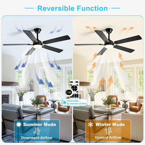 52 Inch Indoor Outdoor Ceiling Fan With Light And Remote Control, 6 Speeds, 3 CCT Dimmable, Quiet Operation, Dual Sided Black And Walnut Blades, Timed, Black Finish shown in summer and winter mode.