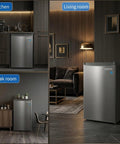 3.1 Cu Ft Upright Freezer With Sleek Stainless Steel Finish in kitchen, living room, and break room settings.