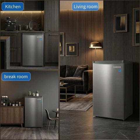3.1 Cu Ft Upright Freezer With Sleek Stainless Steel Finish in kitchen, living room, and break room settings.