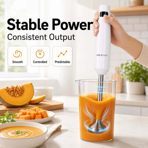 Cordless Immersion Hand Blender And Stick Blender With Straight Up Powerful Brushless Motor blended soup in clear container
