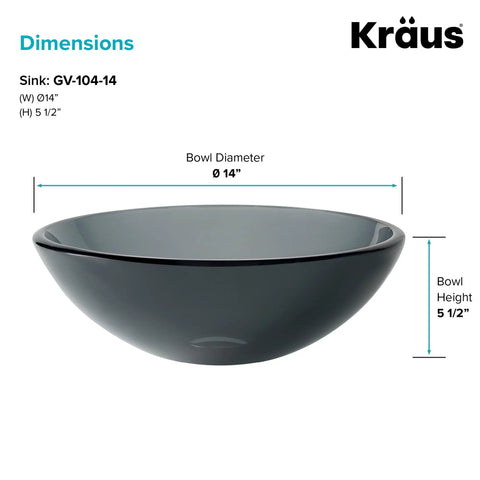 Side view of Round Clear Black Glass Vessel Sink For Bathroom, 14 Inch Above-Counter Design, Scratch-Resistant Surface, GV-104-14.
