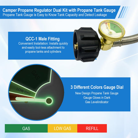 Two Tank Propane Regulator Kit With Auto Changeover And Two Hose Set showing gauge and brass fitting for campers and trailers.