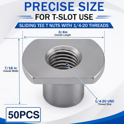 50 Pcs Sliding Tee Nuts For T Slot With Quarter Inch 20 Threads Carbon Steel T Track Nuts For Aluminum Profiles, close-up with size details.