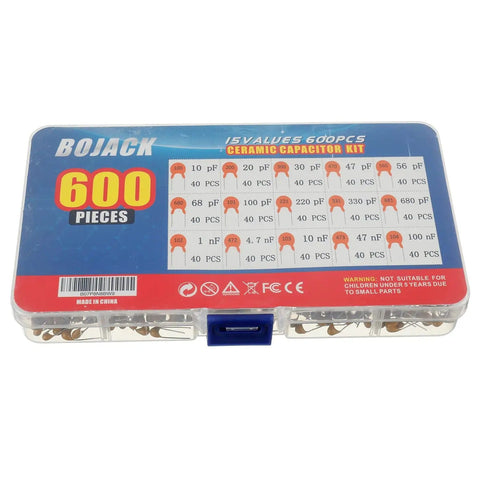 600Pcs Ceramic Capacitor Assortment Kit With 15 Types from 10pF to 100nF in a sturdy box shown on white background