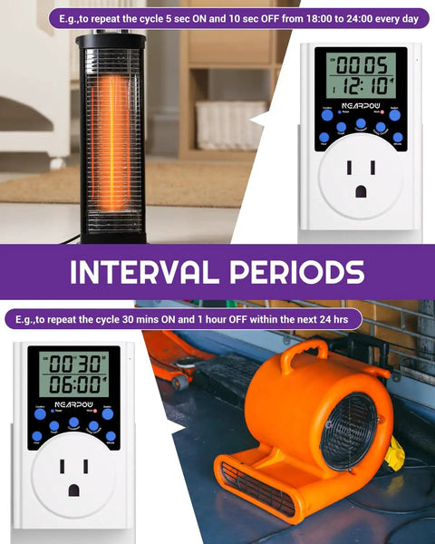 Hassle Free Programmable Digital Timer Outlet With Infinite Cycle Schedule Control 15 Amp Wall Plug shown with space heater and blower.