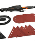 Beefy Heavy Duty 5 Amp 2 In 1 Variable Speed Drywall Sander With Dual Heads 600 To 1500 RPM, accessories displayed, black