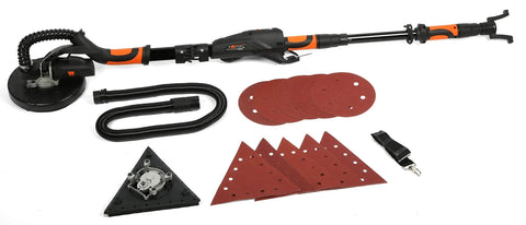 Beefy Heavy Duty 5 Amp 2 In 1 Variable Speed Drywall Sander With Dual Heads 600 To 1500 RPM, accessories displayed, black