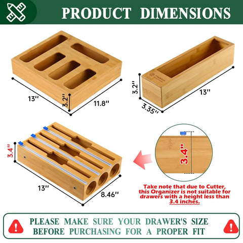 Dimensions of 9 In 1 Bamboo Kitchen Drawer Organizer With Built In Plastic Wrap And Aluminum Foil Dispenser And Cutter, Baggie Organizer