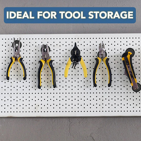 Pegboard with hand tools mounted using Neodymium Cup Magnets With Center Holes, Beefy 40-Pound Pull, Heavy Duty Rare Earth Disc Magnets.