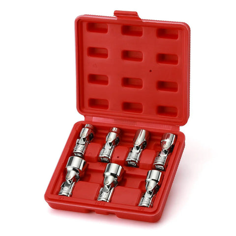 3/8 Inch Drive Universal Joint Socket Set With Swivel Head, Heavy Duty 6 Point SAE Flex Socket Kit In Chrome Vanadium Steel, Mirror Finish, Reaches Tight Spots With 40 Degree Angles And 360 Degree Rotation, Includes 3/8 To 3/4 Inch Sizes, red case open