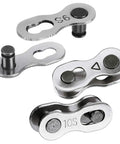 Close-up of metal missing link pairs from All In One Bicycle Chain Tool Kit With Missing Link Pairs, Chain Breaker, Wear Gauge And Chain Checker.