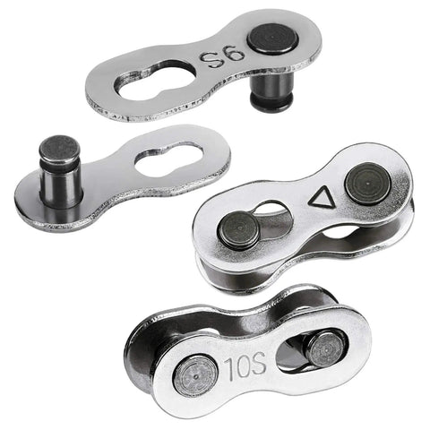 Close-up of metal missing link pairs from All In One Bicycle Chain Tool Kit With Missing Link Pairs, Chain Breaker, Wear Gauge And Chain Checker.