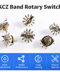 Rotary Band Switch 1 Pole 8 Position 1 Deck With 43mm Diameter And 44mm Height 6mm Rotating Dial 20mm Shank 0.3A At 220V Compact Multi Position Selector For Electronics Projects Tinker Friendly, shown in multiple angles