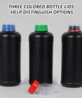 Three 1000ml Darkroom Chemical Storage Bottles With Measuring Cups for film developing, black HDPE, assorted colored lids