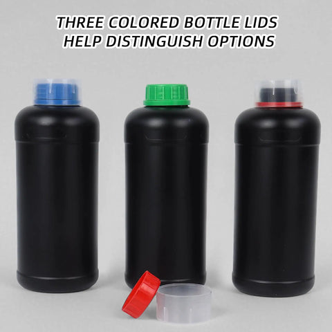 Three 1000ml Darkroom Chemical Storage Bottles With Measuring Cups for film developing, black HDPE, assorted colored lids