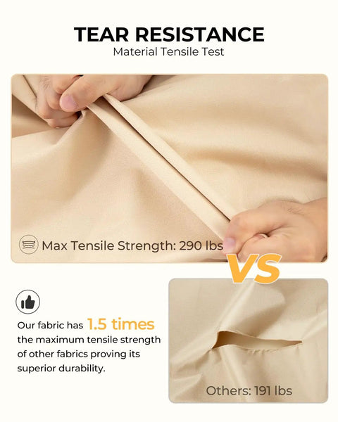 Close-up of durable beige 600D fabric with hands demonstrating tear resistance for five piece outdoor patio furniture cover set.