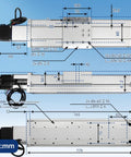 Technical diagram of Beefy, Pro Grade CNC Linear Actuator Kit With Fully Enclosed Aluminum Stage, 600mm Travel, showing dimensions and components.