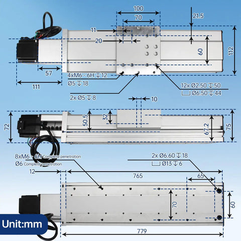 Technical diagram of Beefy, Pro Grade CNC Linear Actuator Kit With Fully Enclosed Aluminum Stage, 600mm Travel, showing dimensions and components.