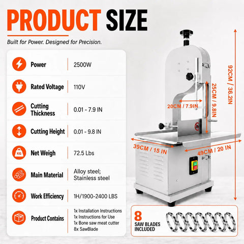 Beastly 2500W Meat Saw With 8 Stainless Steel Blades, 110V, 0-7.8 Inch Cutting, Countertop Bone Saw For Deer And Beef, 20 By 15 Inch Table