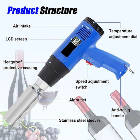 GFJYKDL Digital Bottle Heat Shrink Sealing Machine With Adjustable 40-600C Temp And Lcd Control showing controls, stainless steel sleeve, and design features.