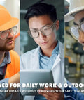 Workers wearing Omega Z87 Plus Safety Glasses With UV400 Lenses Side Shields Anti Oil Coating Lightweight CP Frame for work.