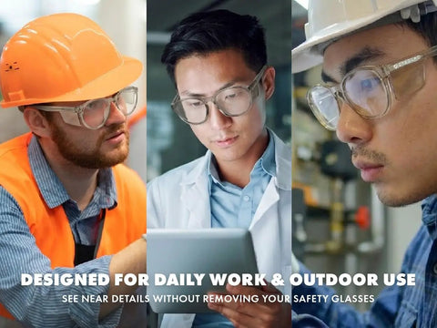 Workers wearing Omega Z87 Plus Safety Glasses With UV400 Lenses Side Shields Anti Oil Coating Lightweight CP Frame for work.