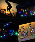 Colorful LED Bike Wheel Lights Set illuminating bicycle rims at night with multicolor patterns, showcasing 5 Pack Waterproof Spoke Lights With Easy Install, 3 Modes, Lit Night Safety Decoration For Bicycle Rims, Fun Blink Patterns For Night Riding.