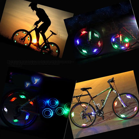 Colorful LED Bike Wheel Lights Set illuminating bicycle rims at night with multicolor patterns, showcasing 5 Pack Waterproof Spoke Lights With Easy Install, 3 Modes, Lit Night Safety Decoration For Bicycle Rims, Fun Blink Patterns For Night Riding.