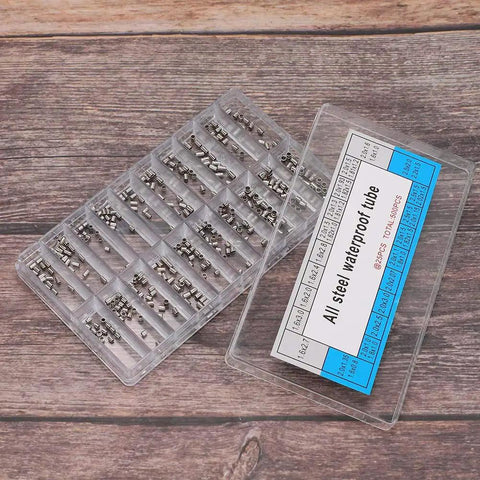 Watch Case Tubes Replacement Kit 500 Pcs In 20 Sizes With 25 Pcs Per Size displayed in plastic organizer on wooden surface