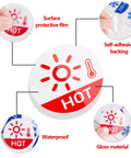 Image highlighting features of 6 Pack Hella Durable Hot And Cold Water Faucet Labels Self Adhesive Waterproof Sink Temperature Stickers.